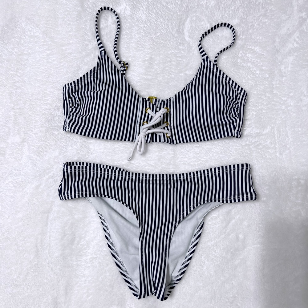 blue and white striped bathing suit